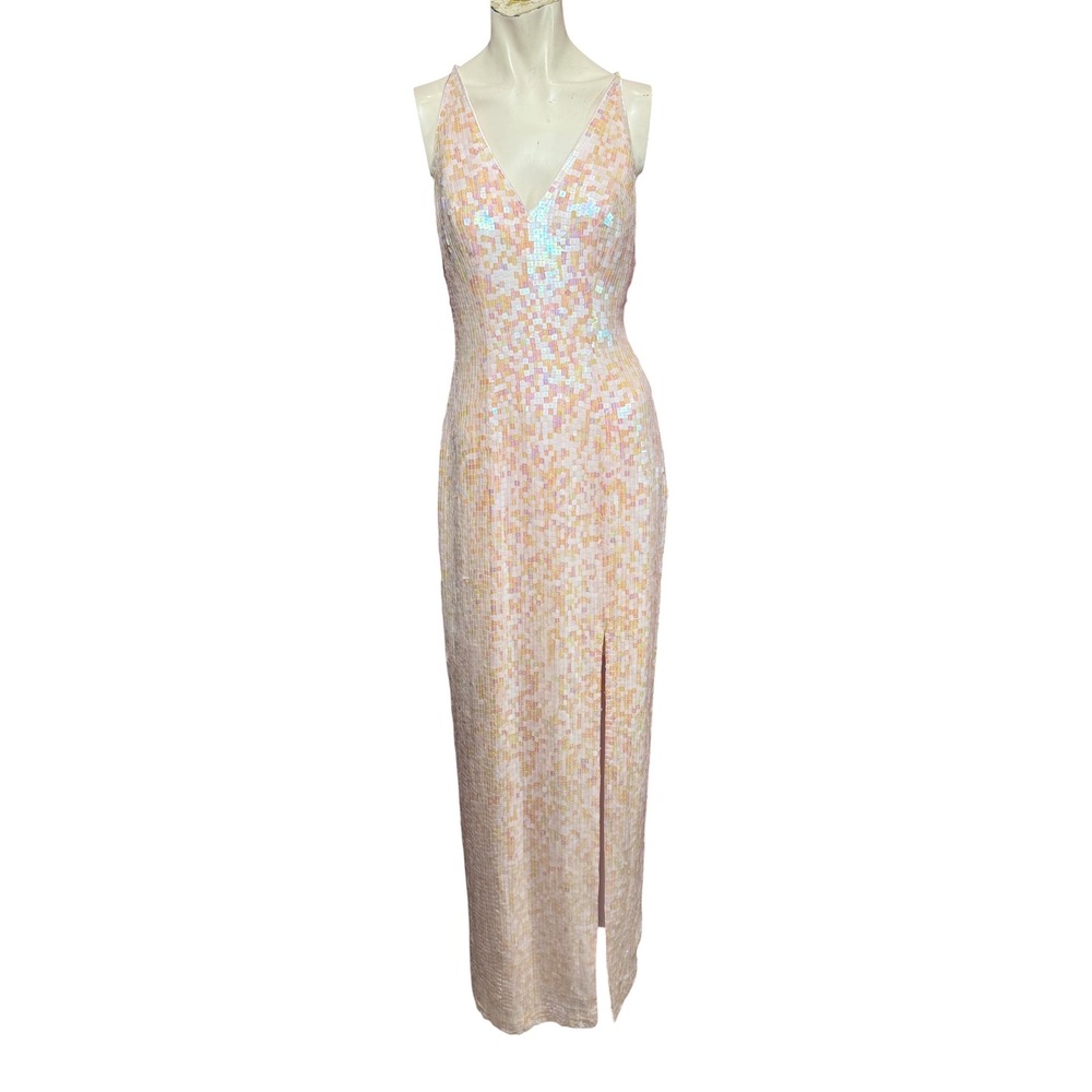 SAKS 5 ave Iridescent 100% silk Sequin Maxi Dress Gown  size 8